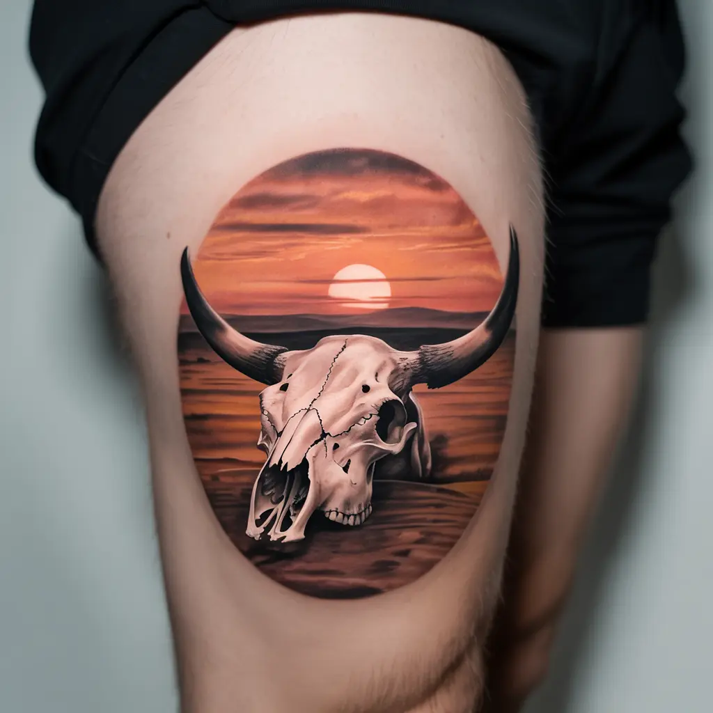 "Cow skull tattoo with desert sunset scene on thigh, symbolizing protection, endings, and the beauty of horizons."