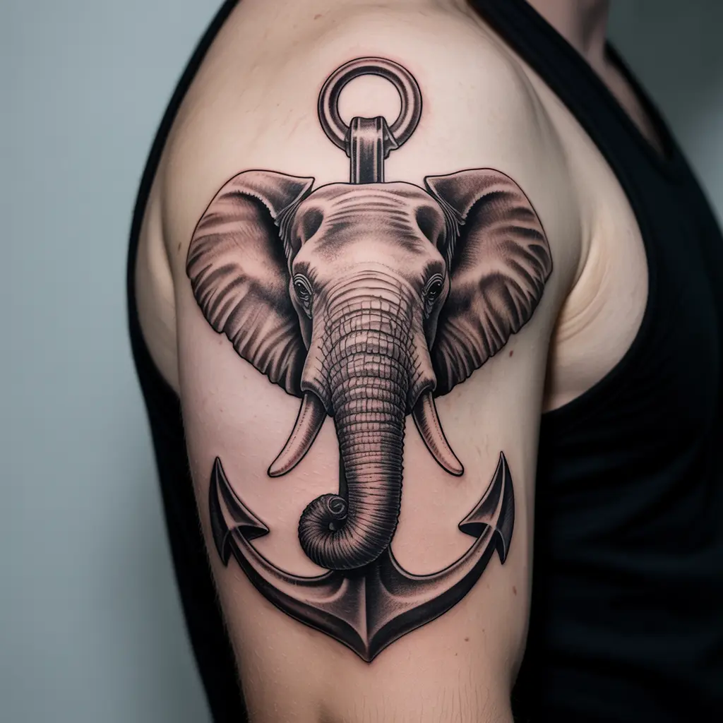 "Elephant tattoo holding anchor on upper arm, black and grey elephant tattoos symbolizing stability, resilience, and strength in life’s storms."