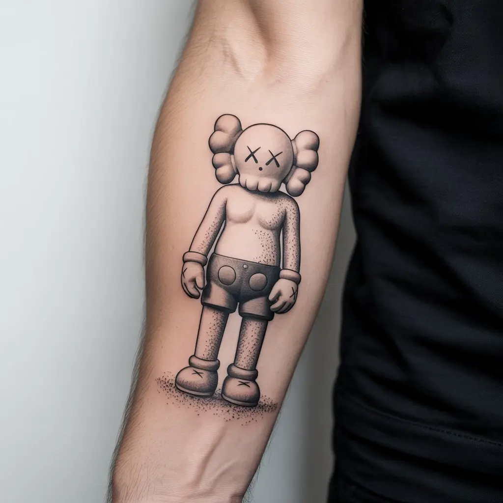 Forearm KAWS tattoo of a dissolving Companion fading into particles, symbolizing memories and transformation.