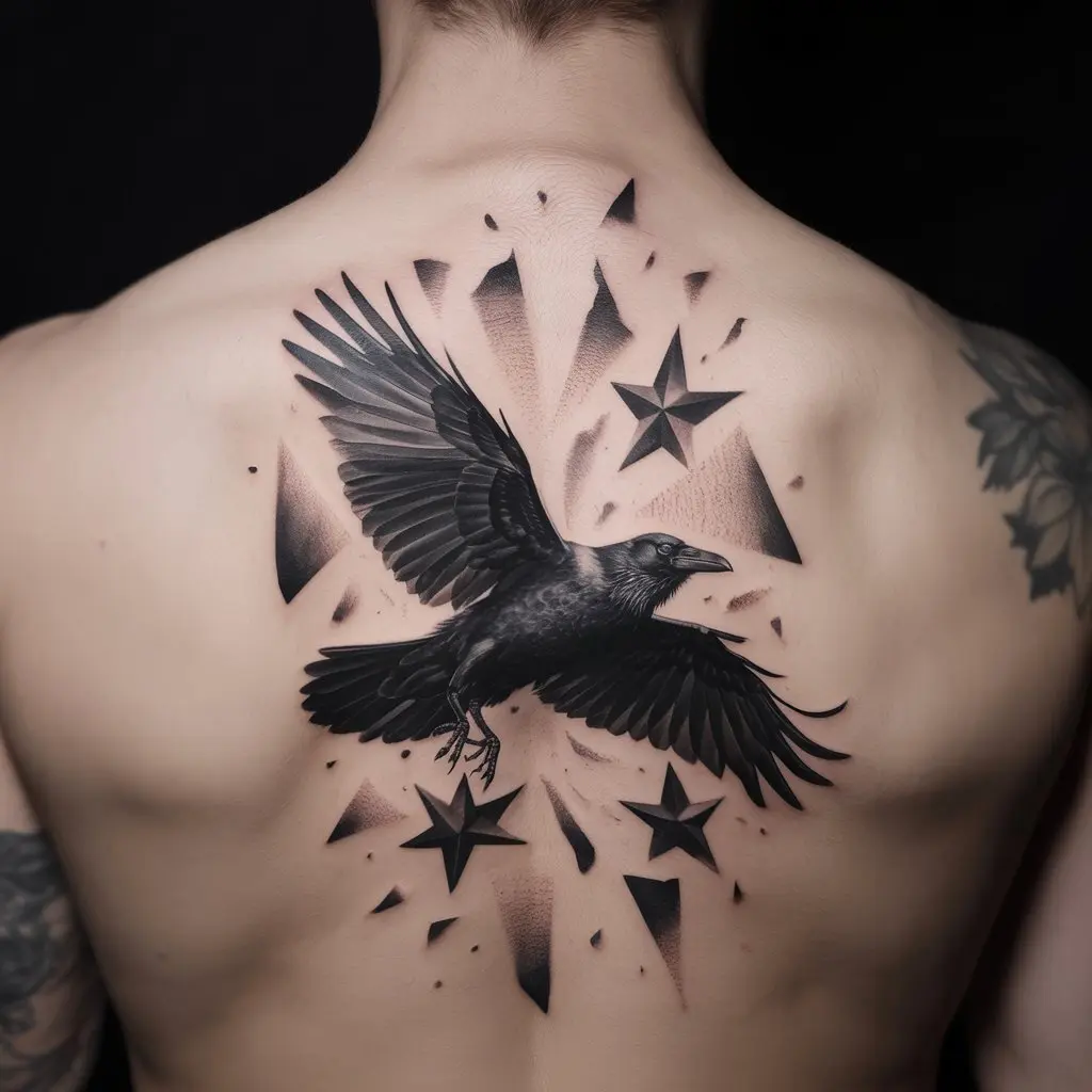“Back raven tattoo of a bird soaring through fragmented stars, celestial-inspired black and gray design symbolizing cosmic transformation.”