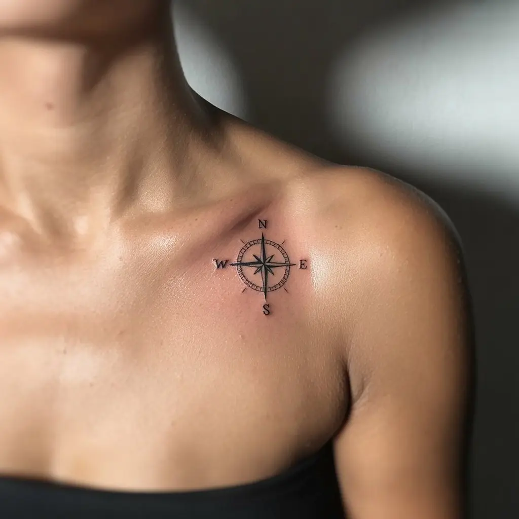 Starlit Compass collar bone tattoo featuring a small compass with star accents, symbolizing direction and adventure.