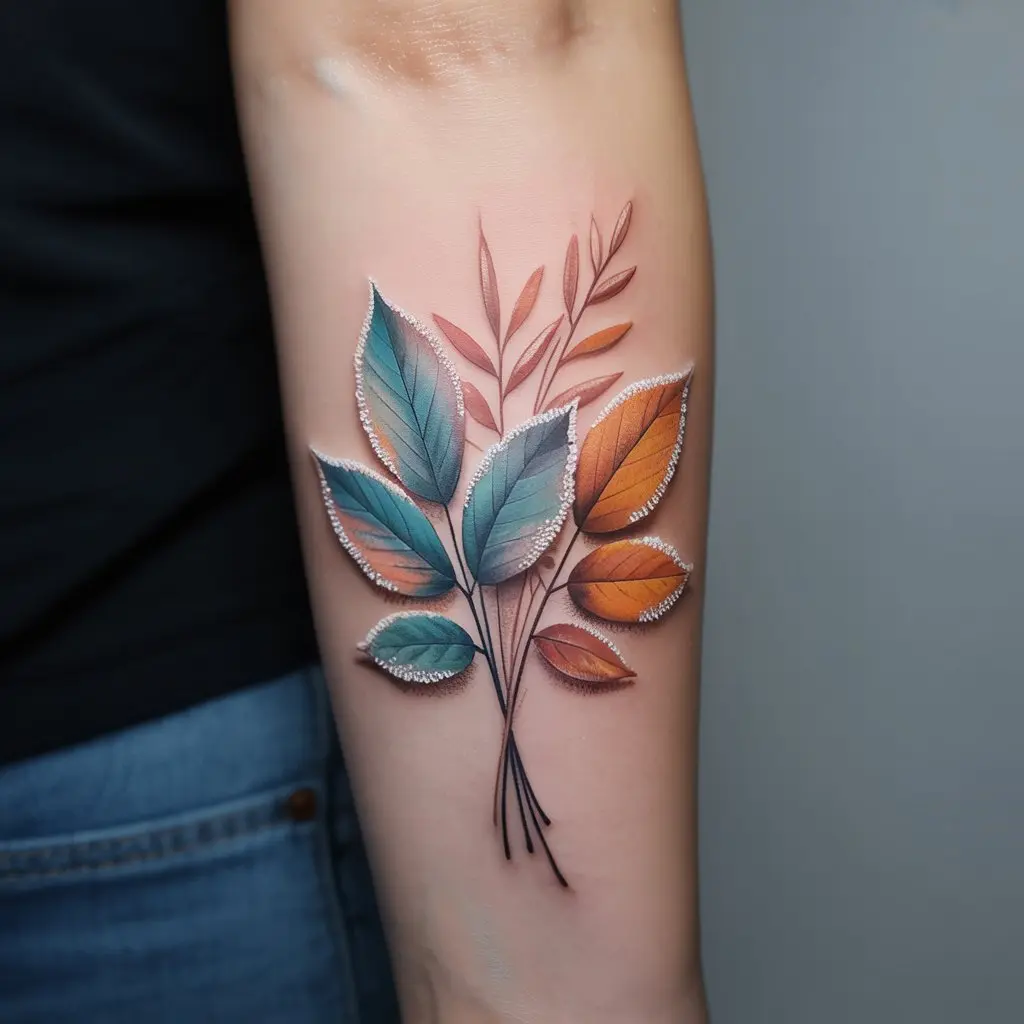 "Frost-Kissed Fall Bouquet fall tattoo on forearm, bouquet of autumn leaves with frosty details"