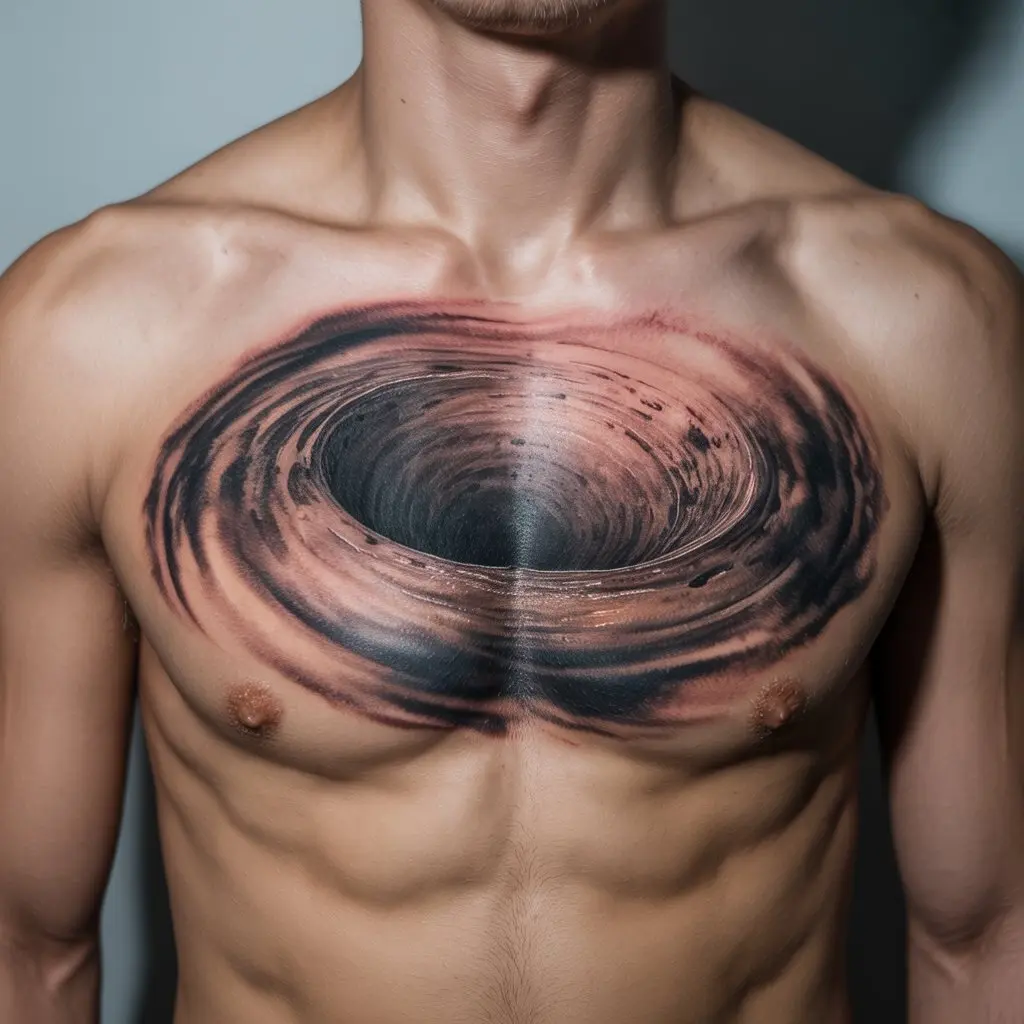 "Abstract tattoo designs — vortex of silence tattoo on chest with dark swirling vortex ink patterns."