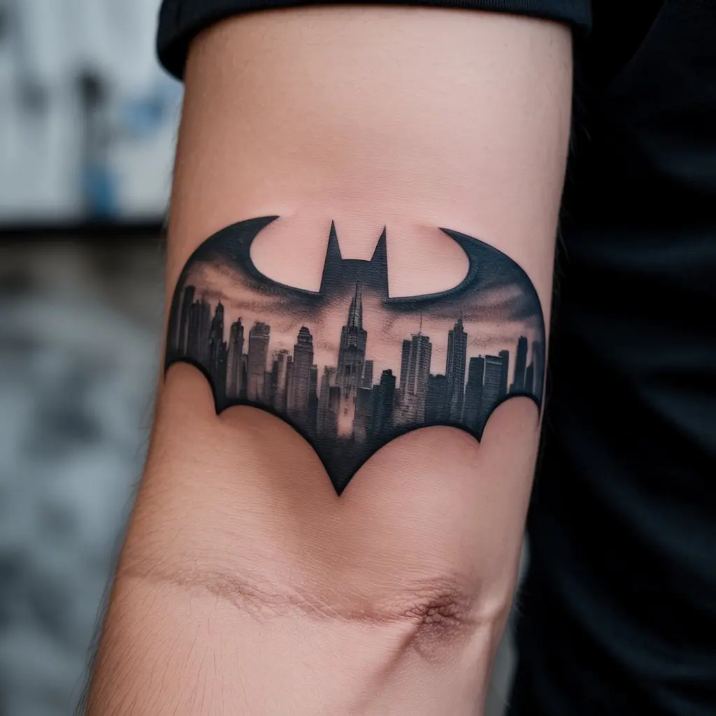 “Forearm Batman tattoo of a large Bat symbol filled with Gotham skyline, symbolizing unity between hero and city.”