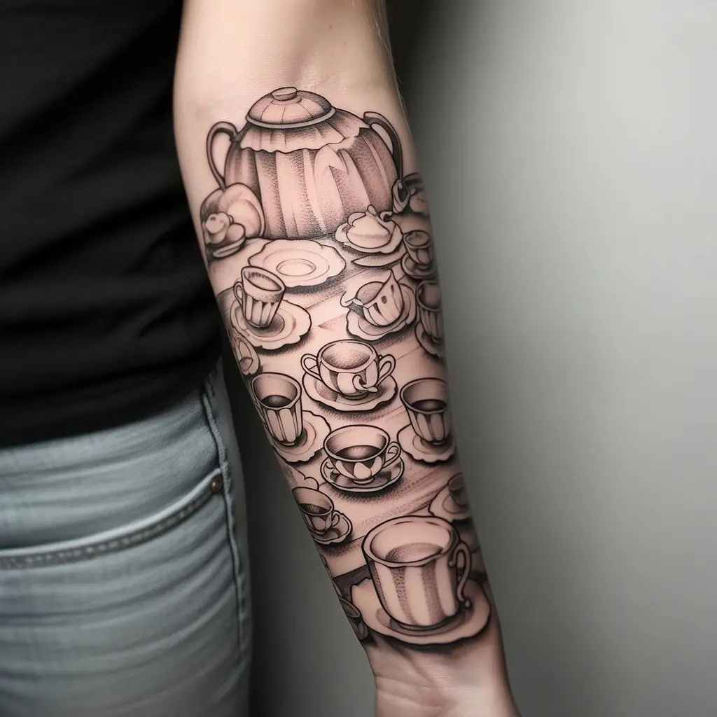 “Realistic Alice in Wonderland tattoo sleeve of Mad Tea Party table with cups, teapots, and cakes on forearm, detailed ink artwork symbolizing whimsy and freedom.”