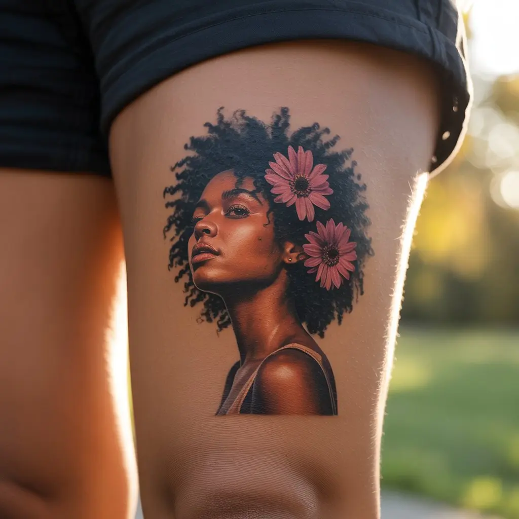 Black women tattoos – afro silhouette surrounded by flowers tattoo on thigh, blending natural beauty with cultural pride. 