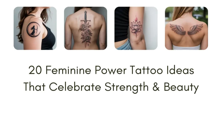 "Feminine power tattoo designs for women — 20 inspiring tattoo ideas symbolizing strength, beauty, and resilience, including lotus, phoenix, lioness, mandala, and floral patterns."