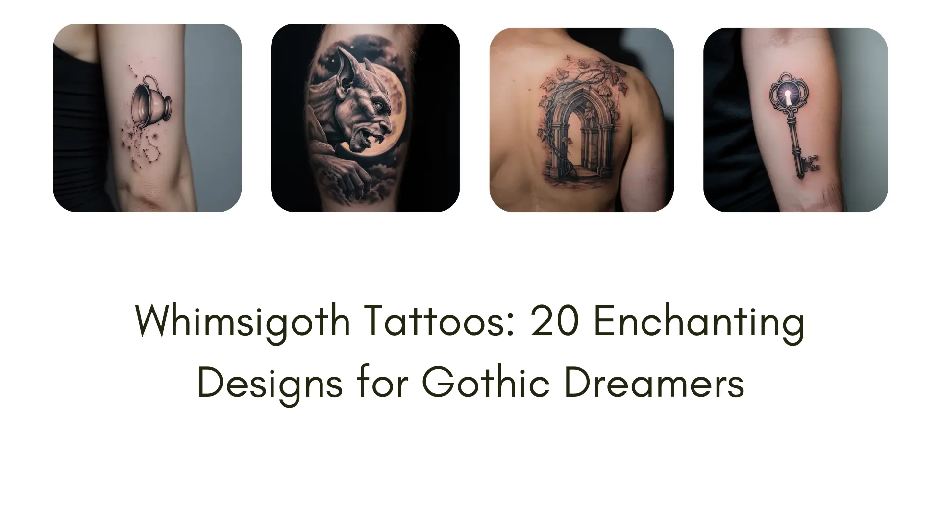 "Realistic whimsigoth tattoo designs featuring gothic arches, celestial moons, enchanted cats, and mystical symbols on human skin — dark whimsical body art inspiration"