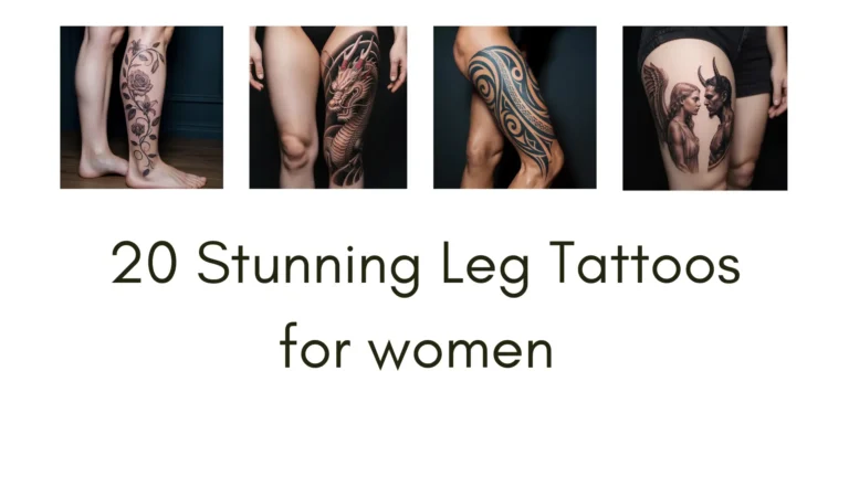 Leg tattoos women – collage of 20 realistic and artistic designs including Japanese dragon sleeve, floral vine, mandala, phoenix, koi fish, and more on women’s legs.