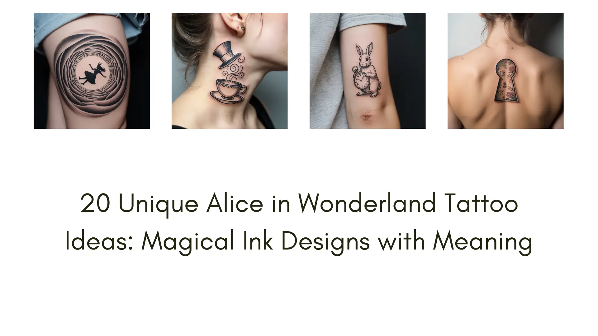 Alice in Wonderland tattoo designs featuring Cheshire Cat, White Rabbit, Queen of Hearts, Mad Hatter, and other Wonderland-inspired tattoos on different body parts, realistic ink artwork with symbolic meanings.