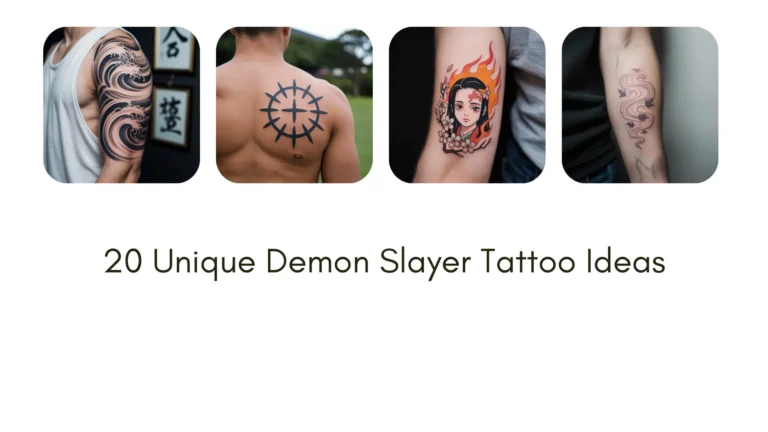 A collection of unique Demon Slayer tattoo designs featuring Tanjiro, Nezuko, Rengoku, Hashira symbols, breathing styles, and anime-inspired art inked on skin, showcasing detailed placement and realistic shading."