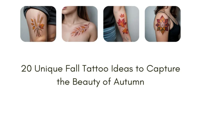 realistic fall tattoo designs featuring autumn leaves, pumpkins, harvest moons, and cozy seasonal elements, warm earthy tones, inked on various body parts