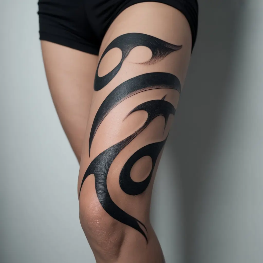 Abstract Blackwork Patterns – leg tattoos women with bold abstract black designs wrapping around the leg.

