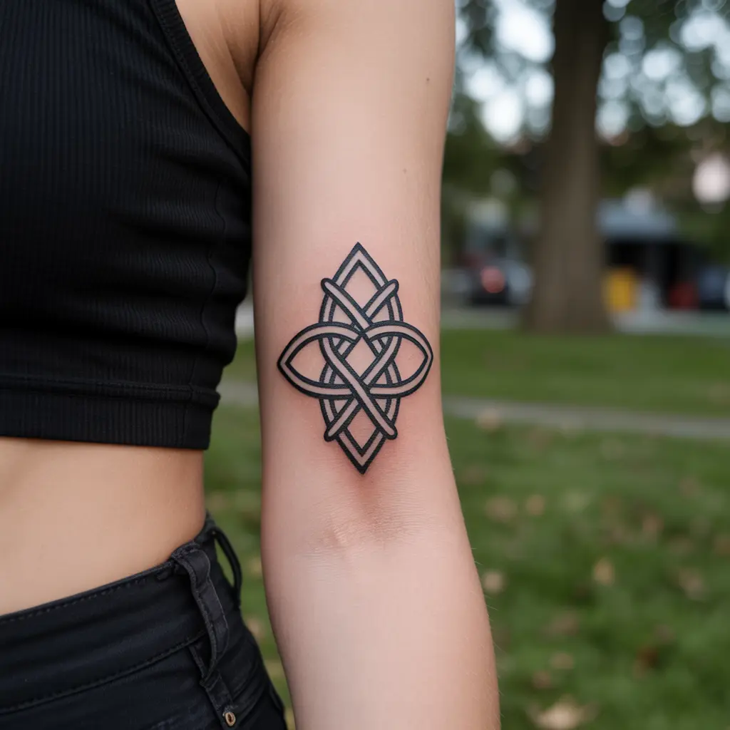 Forearm tattoo women – Celtic knot forearm design with intricate symmetrical black ink

