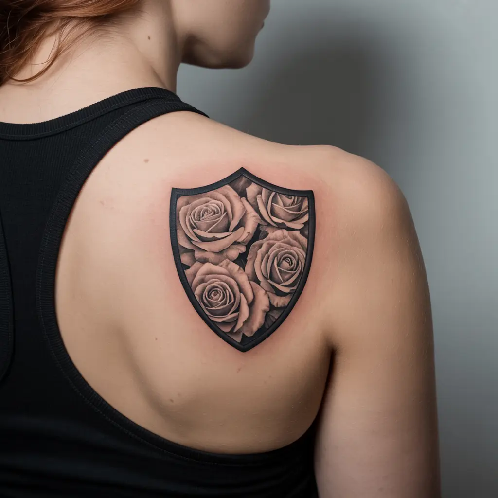"Feminine power tattoo of a shield made of roses representing protection and resilience"

