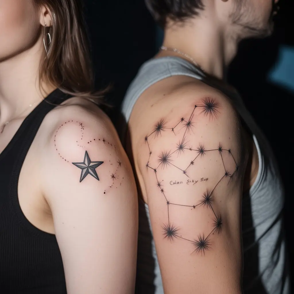 Star and Constellation Matching Couple Tattoos – Star and constellation matching couple tattoos on back of shoulders, night sky theme for couples. 