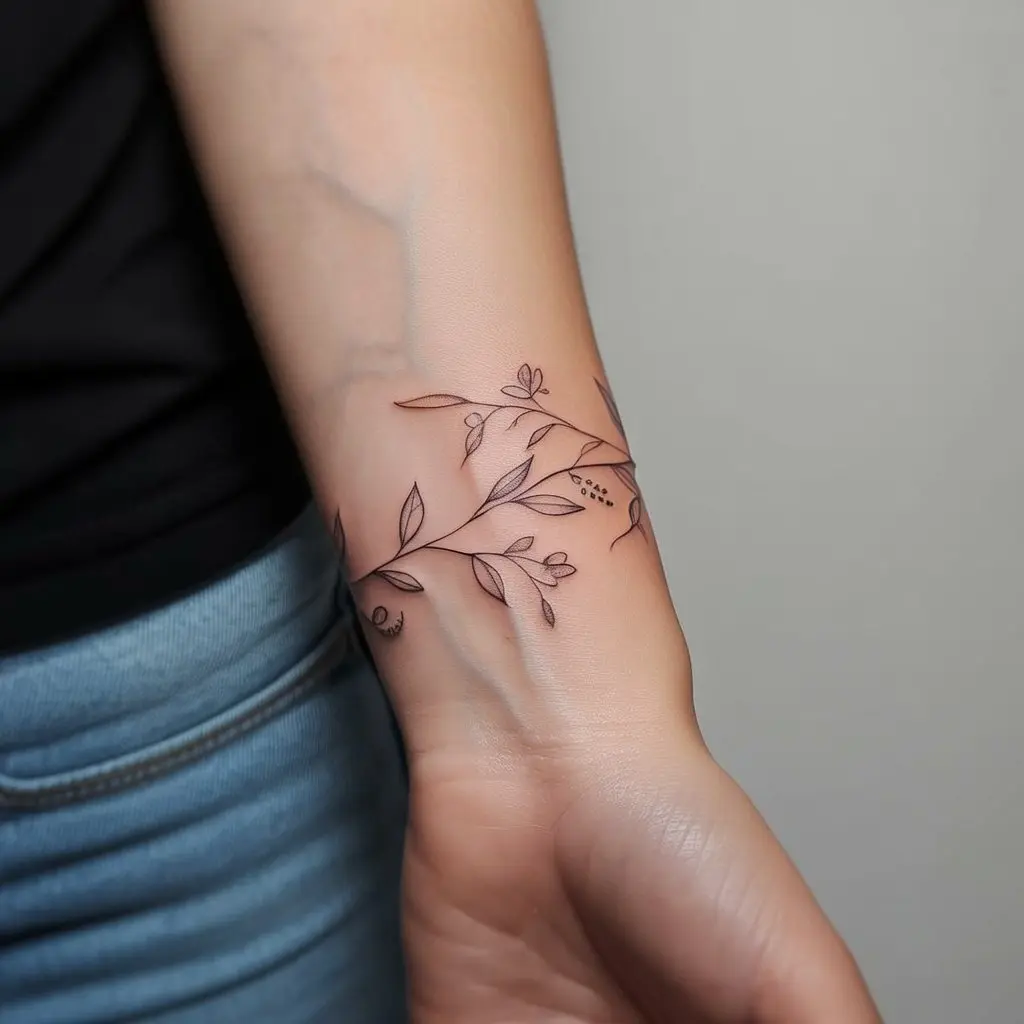 female tattoo ideas vine bracelet tattoo nature’s embrace — Delicate vine bracelet tattoo on a woman’s wrist.

