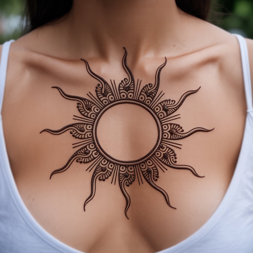 Henna Designs Inspired by the Sun – Sun-inspired henna tattoo designs on chest with intricate rays.