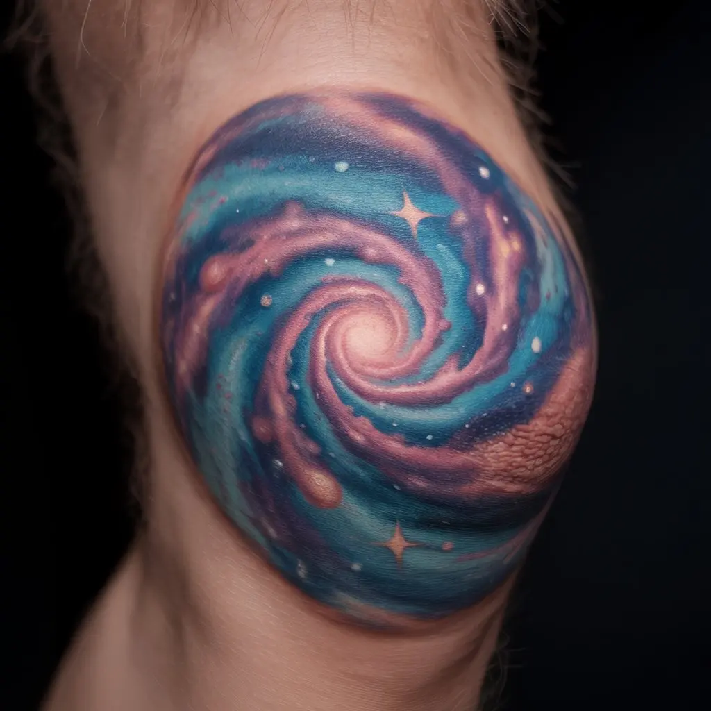 Galaxy spiral knee cap tattoo with purple, blue, and pink swirls and white stars.

