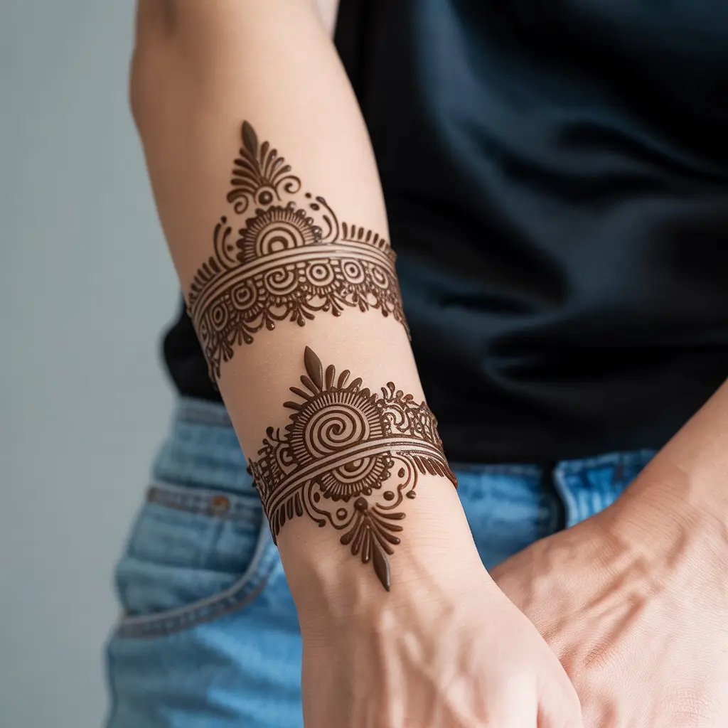 Temporary Henna Tattoo Stickers – A close-up of realistic-looking henna sticker tattoos applied to the forearm, mimicking traditional deep brown henna patterns with sharp detailing.