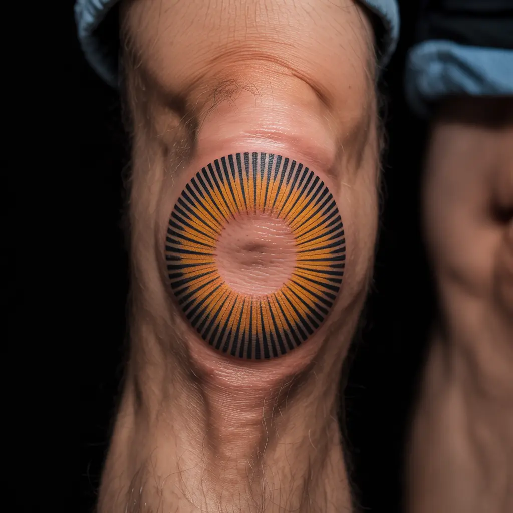 Bright sunburst knee cap tattoo with golden and orange rays radiating from the center, circular tattoo design.