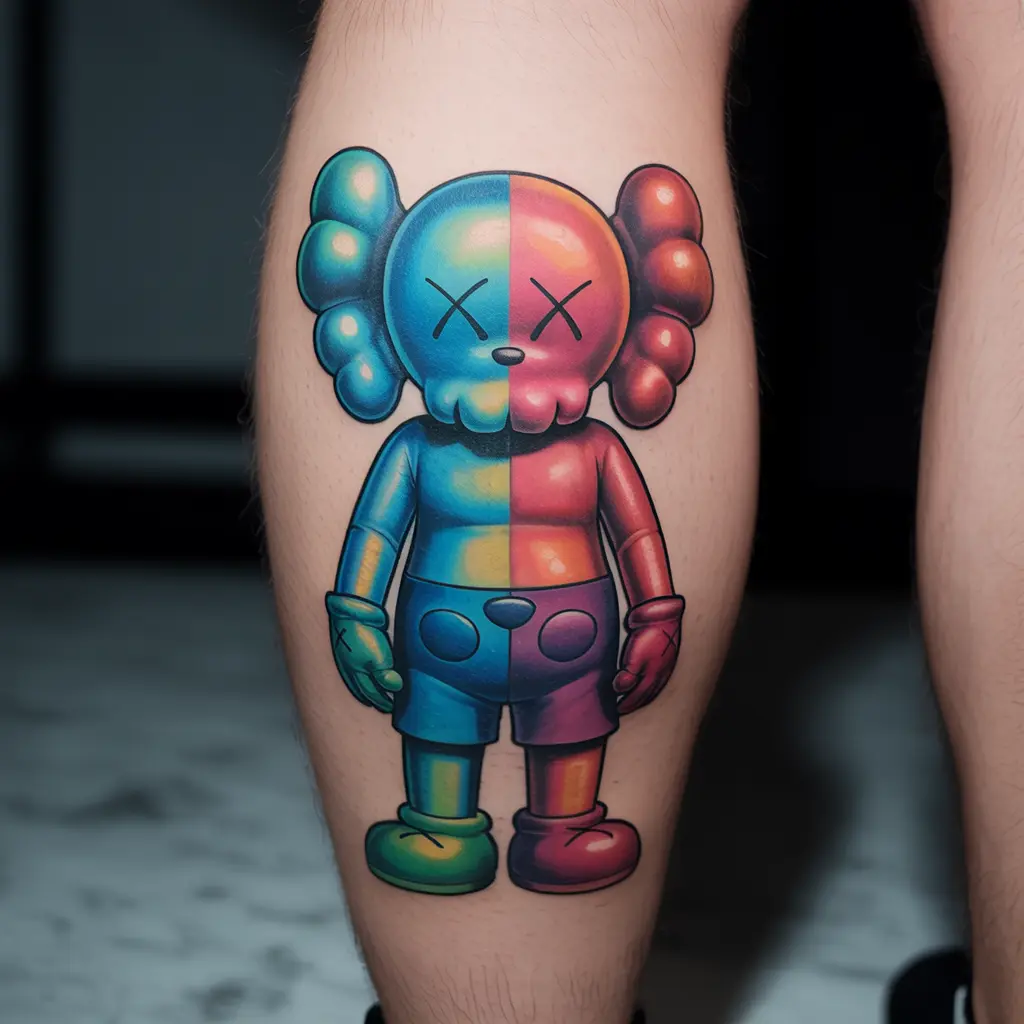 Colorful KAWS tattoo of the BFF character in blue and pink, calf placement representing loyalty and friendship.