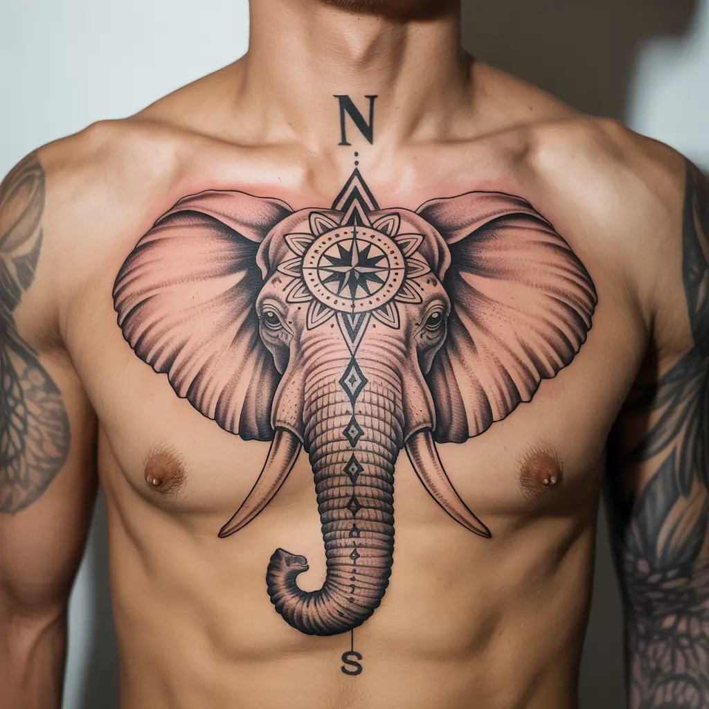 "Mandala compass elephant tattoo on chest, geometric black ink elephant tattoos symbolizing guidance, balance, and spiritual wisdom."