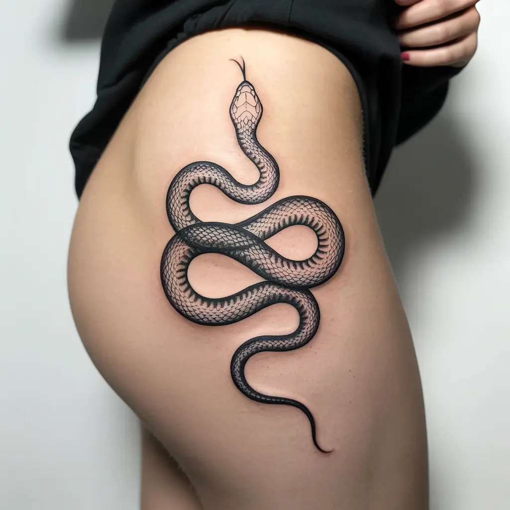 snake under thigh tattoos women, realistic snake wrap tattoo design on thigh, bold and mysterious body art for women