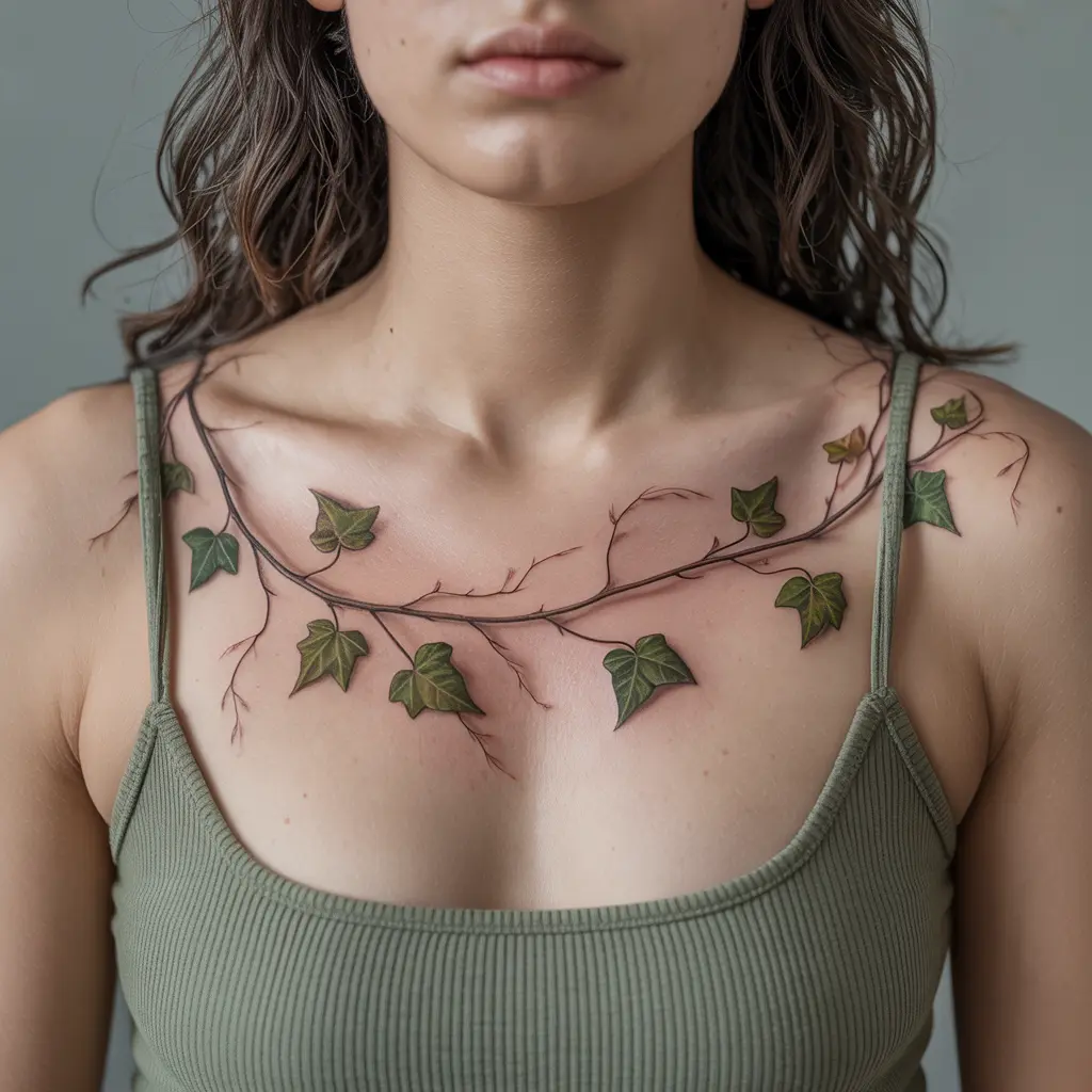 Whispering Vines — Nature’s Embrace on the Chest
Whispering Vines chest tattoo female with graceful ivy leaves and stems wrapping along the collarbone.