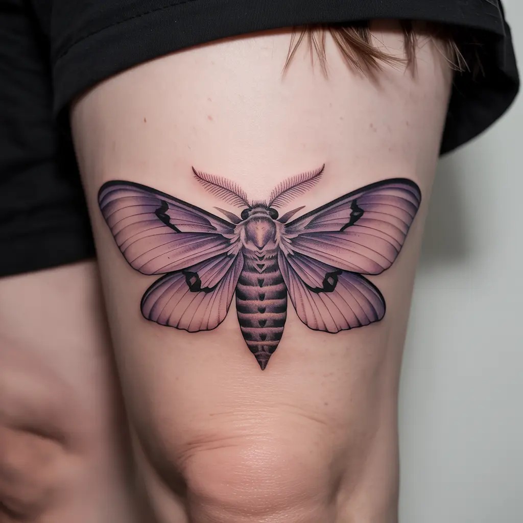 "Phantom Moth in Amethyst Twilight whimsigoth tattoo featuring mystical moth in purple tones on thigh"