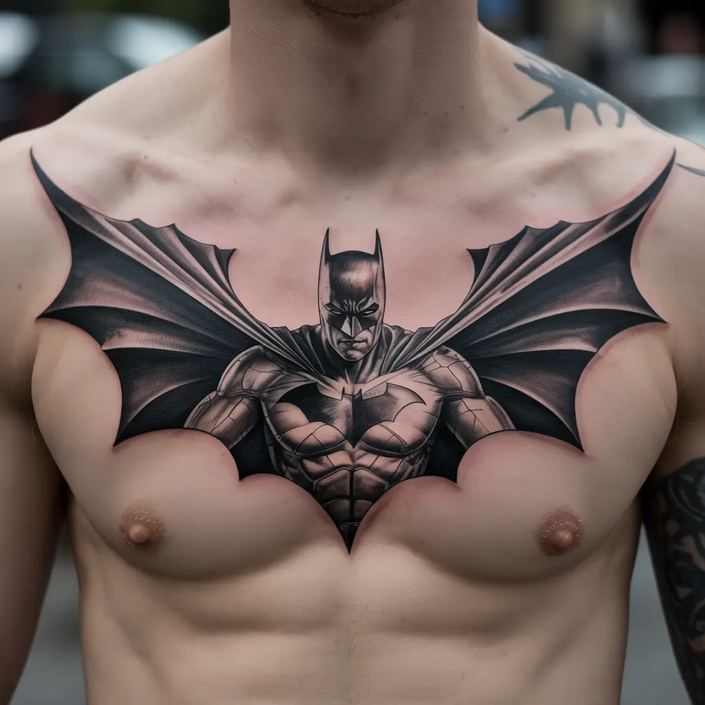 “Chest Batman tattoo of the Dark Knight rising from shadows, cape flowing upward, representing resilience and strength.”