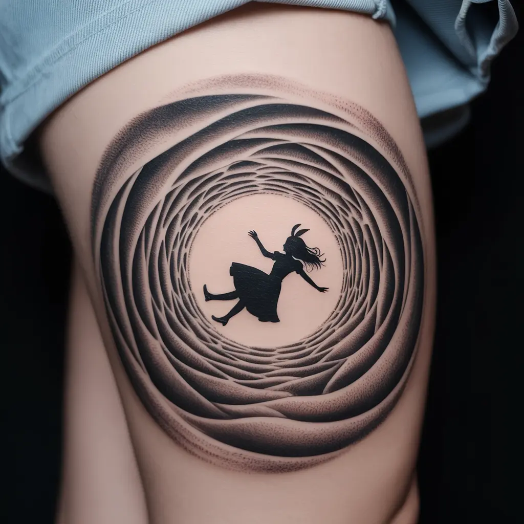 “Unique Alice in Wonderland tattoo of Alice falling into a swirling rabbit hole on thigh, black and gray ink design representing curiosity and adventure.”