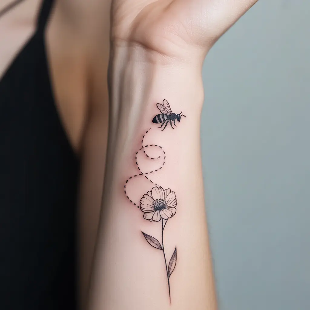 Sacred Nectar Path
"Sacred Nectar Path Honey Bee Tattoo on wrist showing bee flight path leading to a flower, minimalist and meaningful design."
