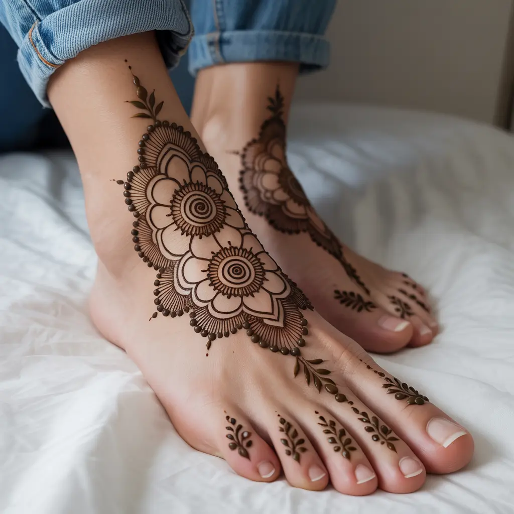 Elegant Henna Tattoo Designs – Elegant foot and ankle henna tattoo designs with symmetrical mandalas.