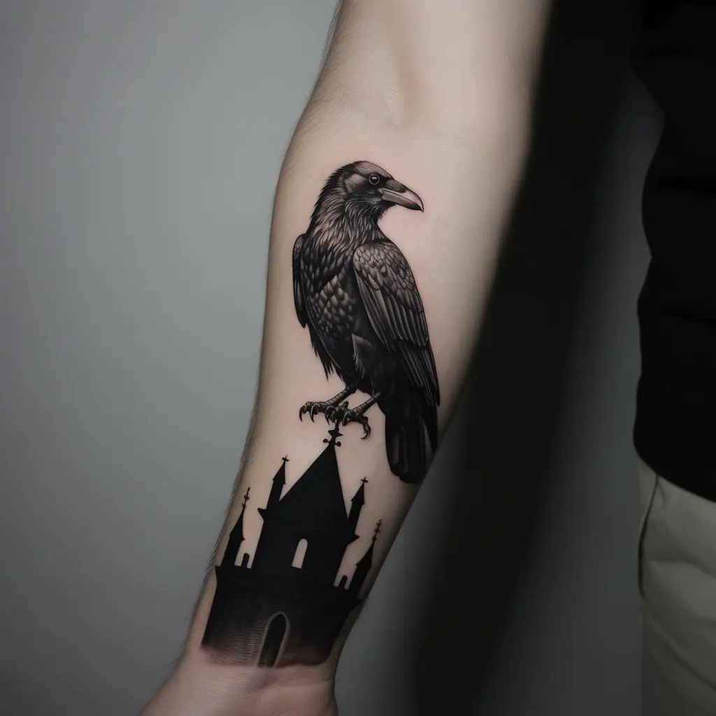 “Forearm raven tattoo of a bird sitting on a gothic tower silhouette, detailed black and gray ink with protective meaning.”