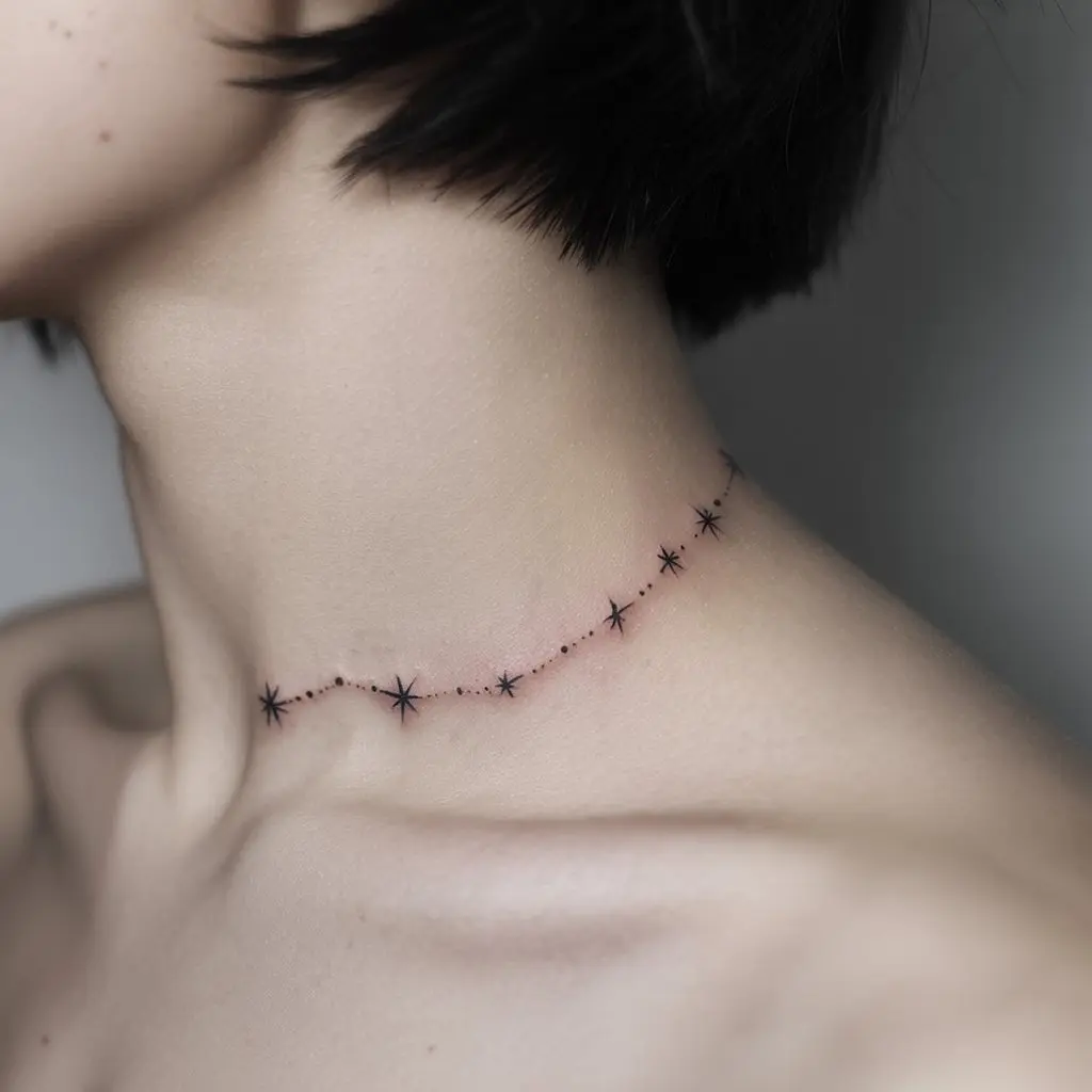 Celestial Arc collar bone tattoo with tiny constellation stars flowing along the bone’s arch, perfect for astrology and star-themed ink lovers.