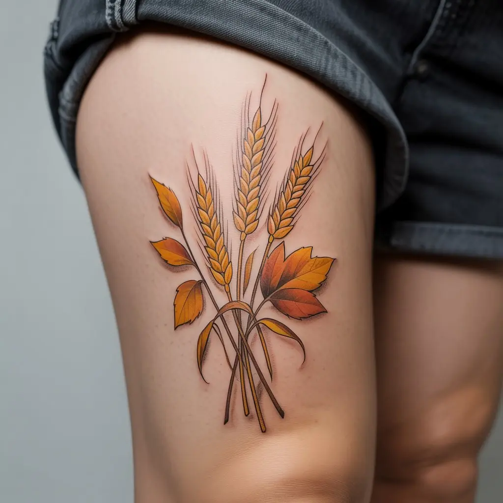 "Golden Hour Harvest fall tattoo on upper thigh, wheat stalks and autumn leaves in golden sunset colors"