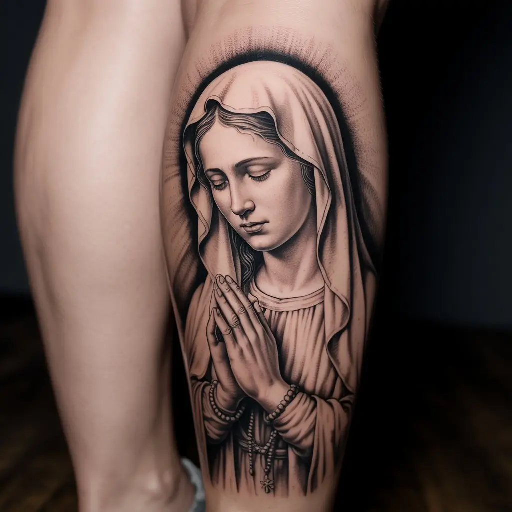 "Virgin Mary tattoo of silent protection on calf, featuring prayerful pose, fine line shading, and realistic inkwork symbolizing divine guardianship."