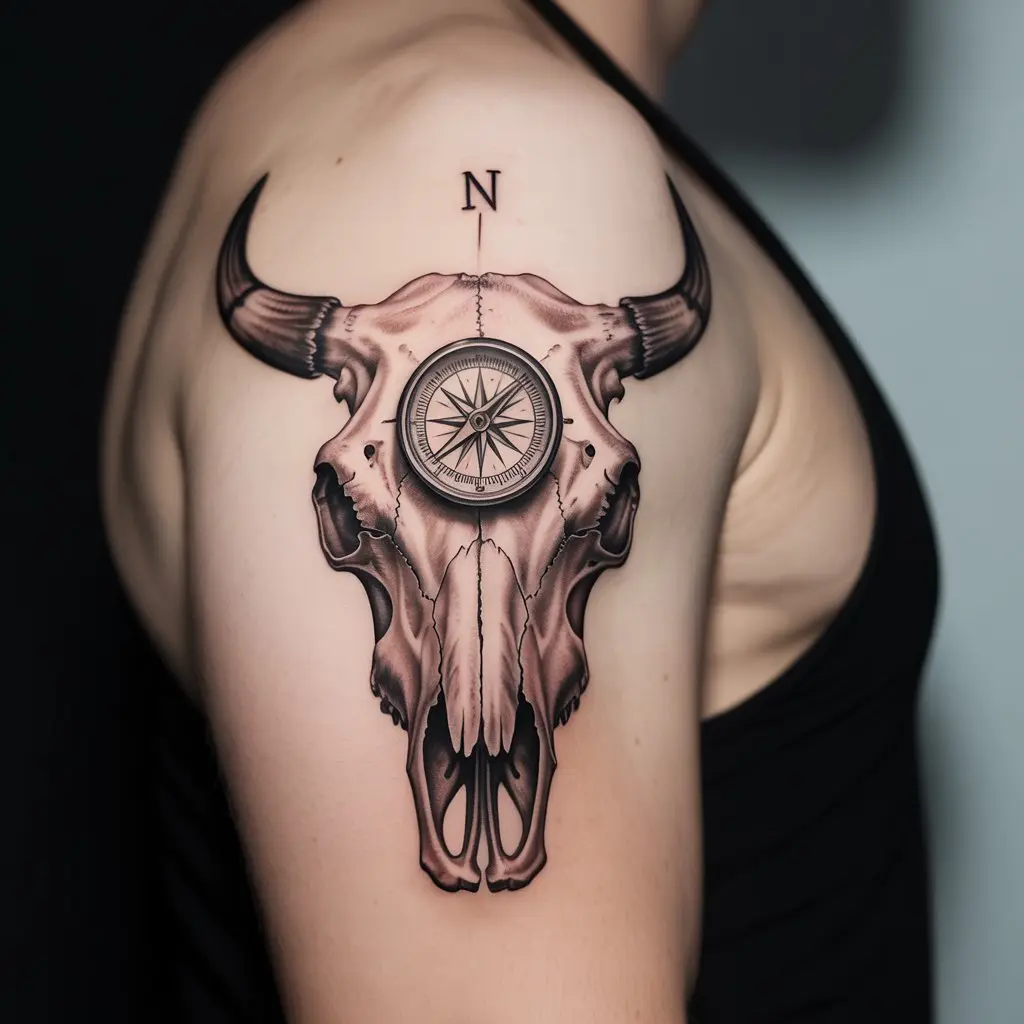 "Cow skull tattoo with compass design inked on shoulder blade, symbolizing life’s journey, direction, and spiritual wandering."