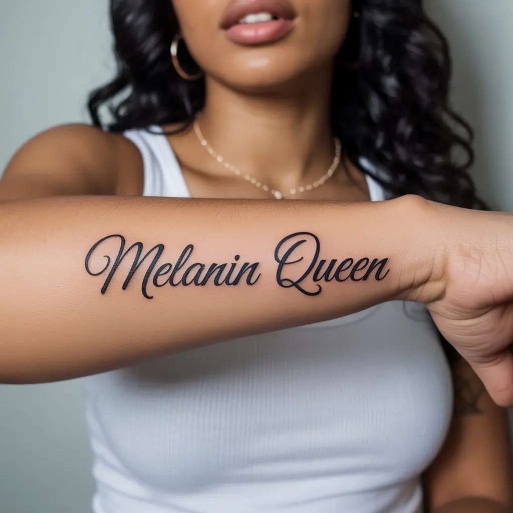 Black women tattoos – “Melanin Queen” script tattoo in cursive on forearm, empowering design for melanin-rich skin in realistic style.