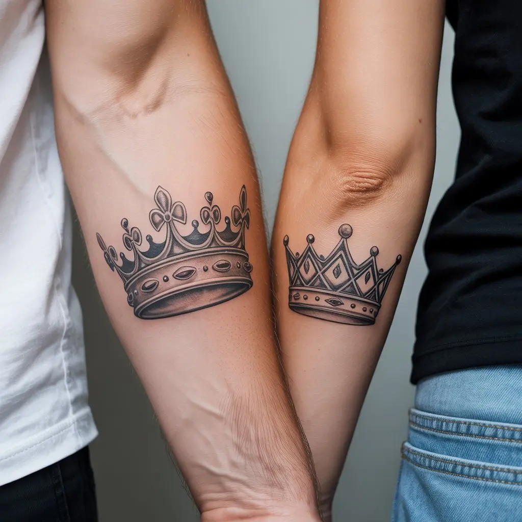 King and Queen Crown Matching Couple Tattoos – Detailed king and queen crown matching couple tattoos on outer forearms, royal theme body art. 
