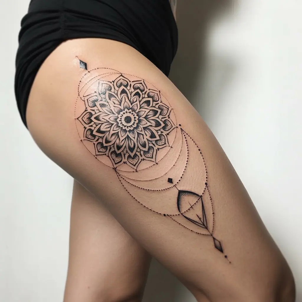 Mandala and Geometric Patterns – leg tattoos women with intricate mandala and precise geometric linework across the upper thigh.