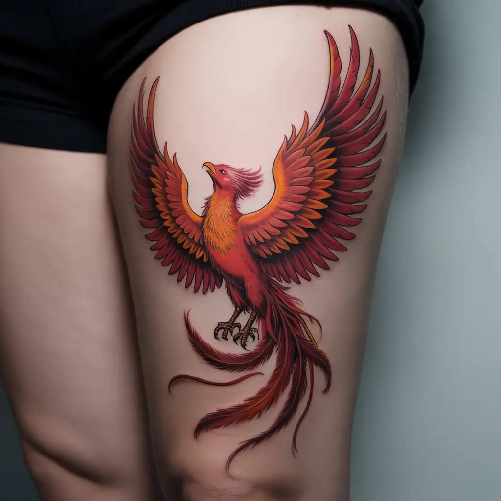 "Vibrant feminine power tattoo of a phoenix rising from ashes symbolizing renewal and empowerment"

