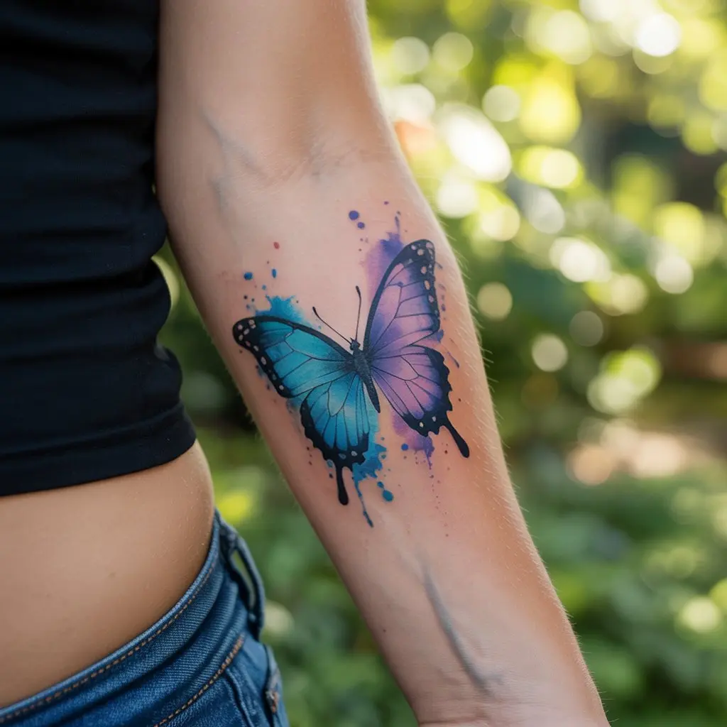 Forearm tattoo women – Watercolor butterfly forearm ink with vibrant blue and purple tones

