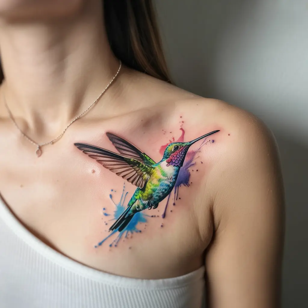 female tattoo ideas watercolor hummingbird freedom in flight — Vibrant watercolor hummingbird tattoo on a woman’s collarbone, blue and green tones.

