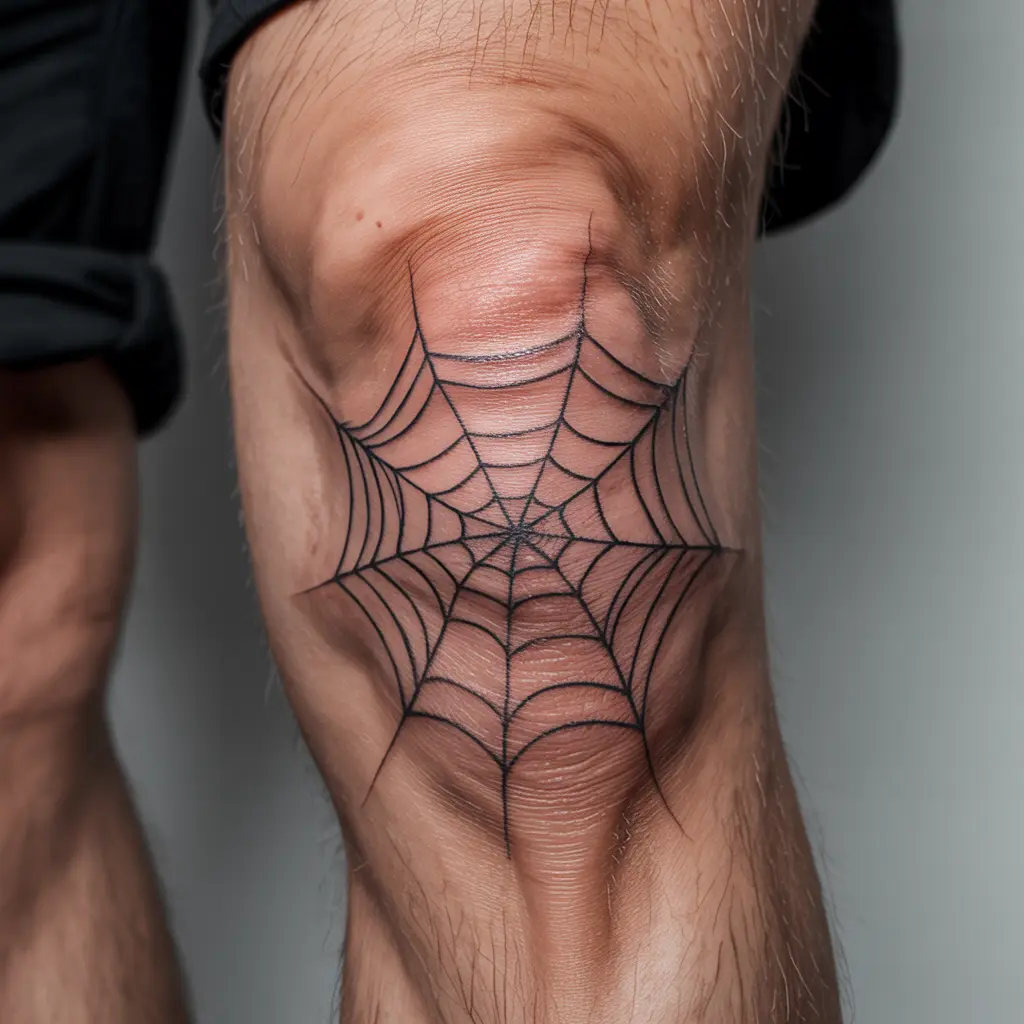 Black ink spiderweb knee cap tattoo with fine linework wrapping around the knee joint.

