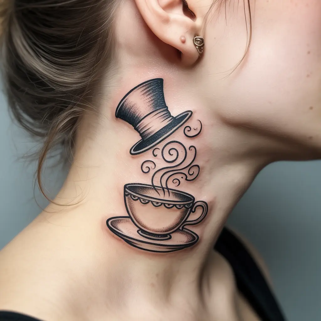 “Whimsical Alice in Wonderland tattoo of a steaming teacup with Mad Hatter’s hat on neck, realistic black ink design symbolizing creativity and madness.”