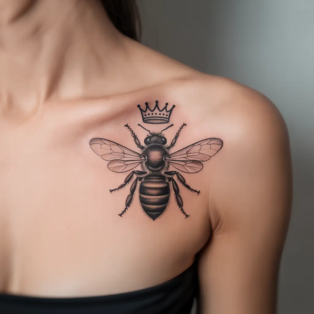 Crown of the Queen Bee
"Crown of the Queen Bee Honey Bee Tattoo on shoulder blade with crowned bee, symbol of leadership and confidence."