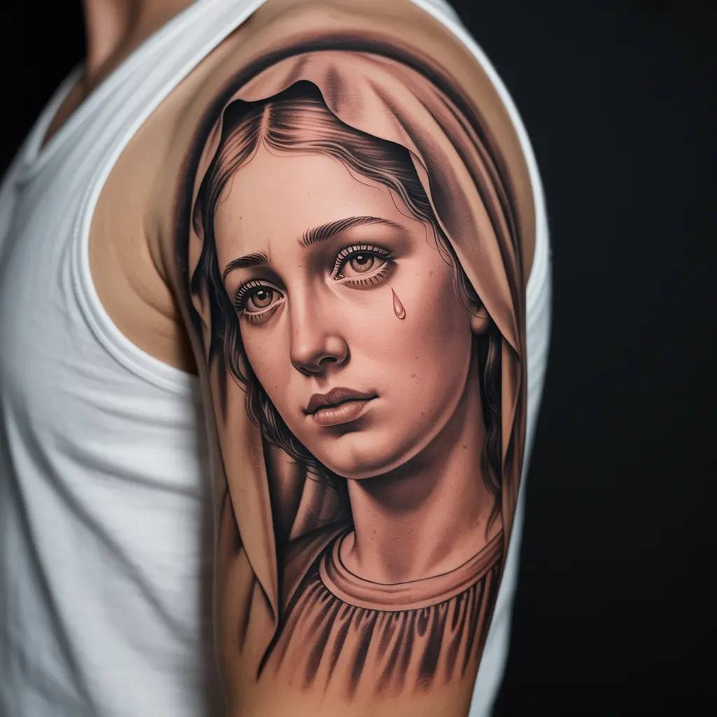 "Emotional Virgin Mary tattoo tear of hope design, realistic ink on upper arm, symbolizing healing, compassion, and deep spiritual devotion."