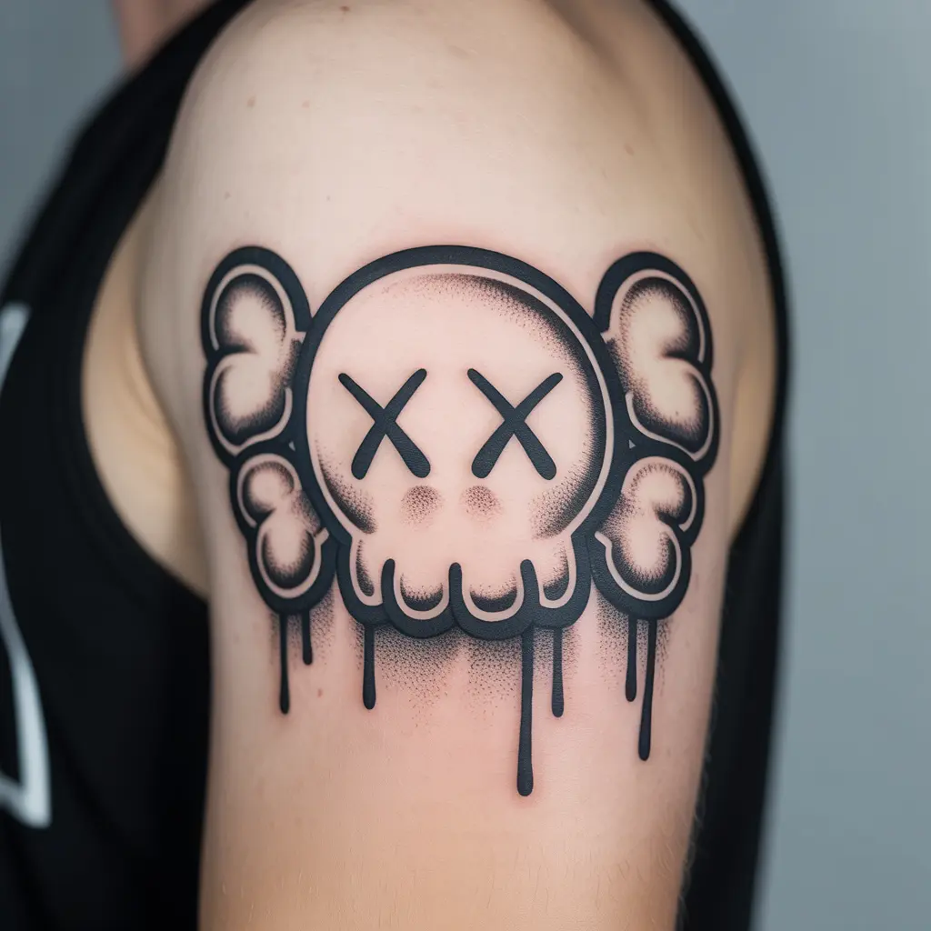 Graffiti-style KAWS tattoo with bold outlines and urban street art details, inked on the bicep.